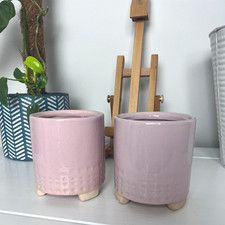Set of 2 Pink Glazed Ceramic Plant Pots Planters on Feet, Small Round