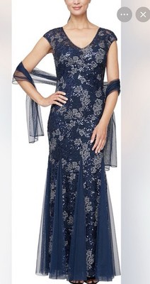 ALEX EVENINGS Navy Blue Sequin Embroidered Trumpet Gown Dress 16P NWT $269