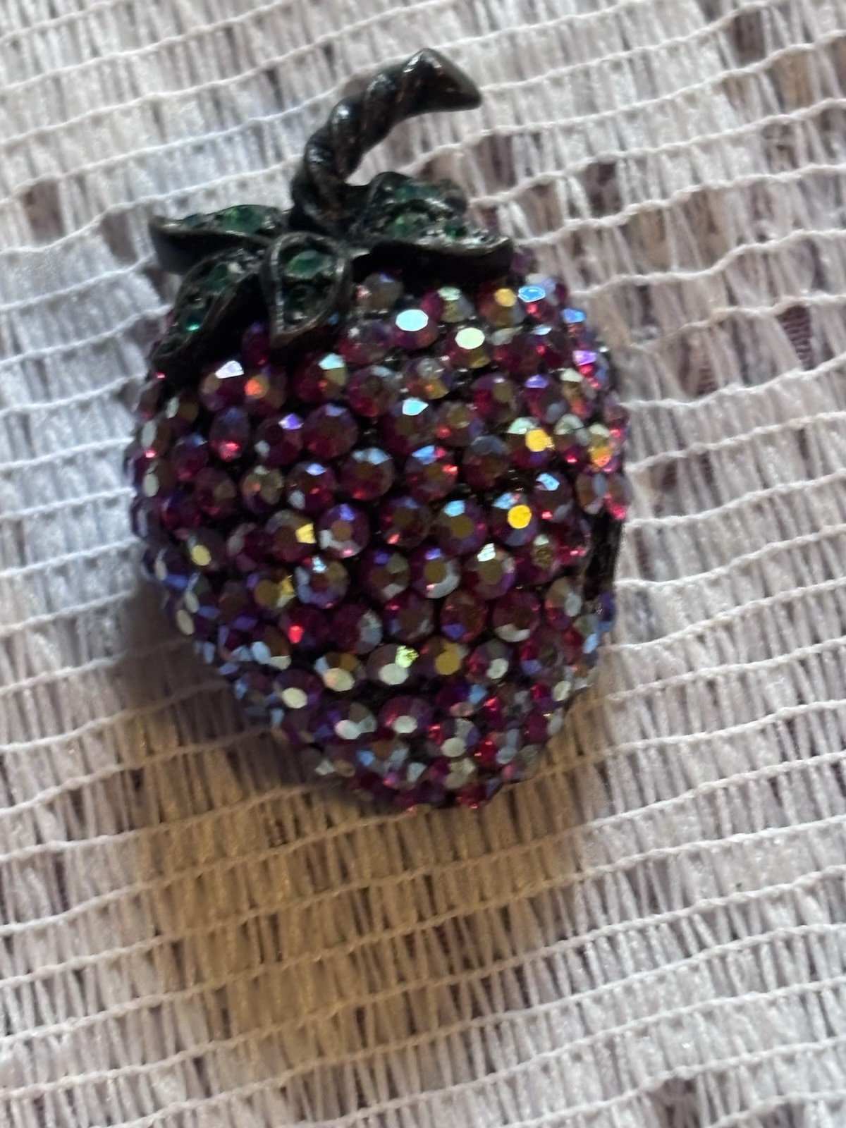 Weiss brooch shaped like a strawberry, set with red and green aurora borealis rhinestones
