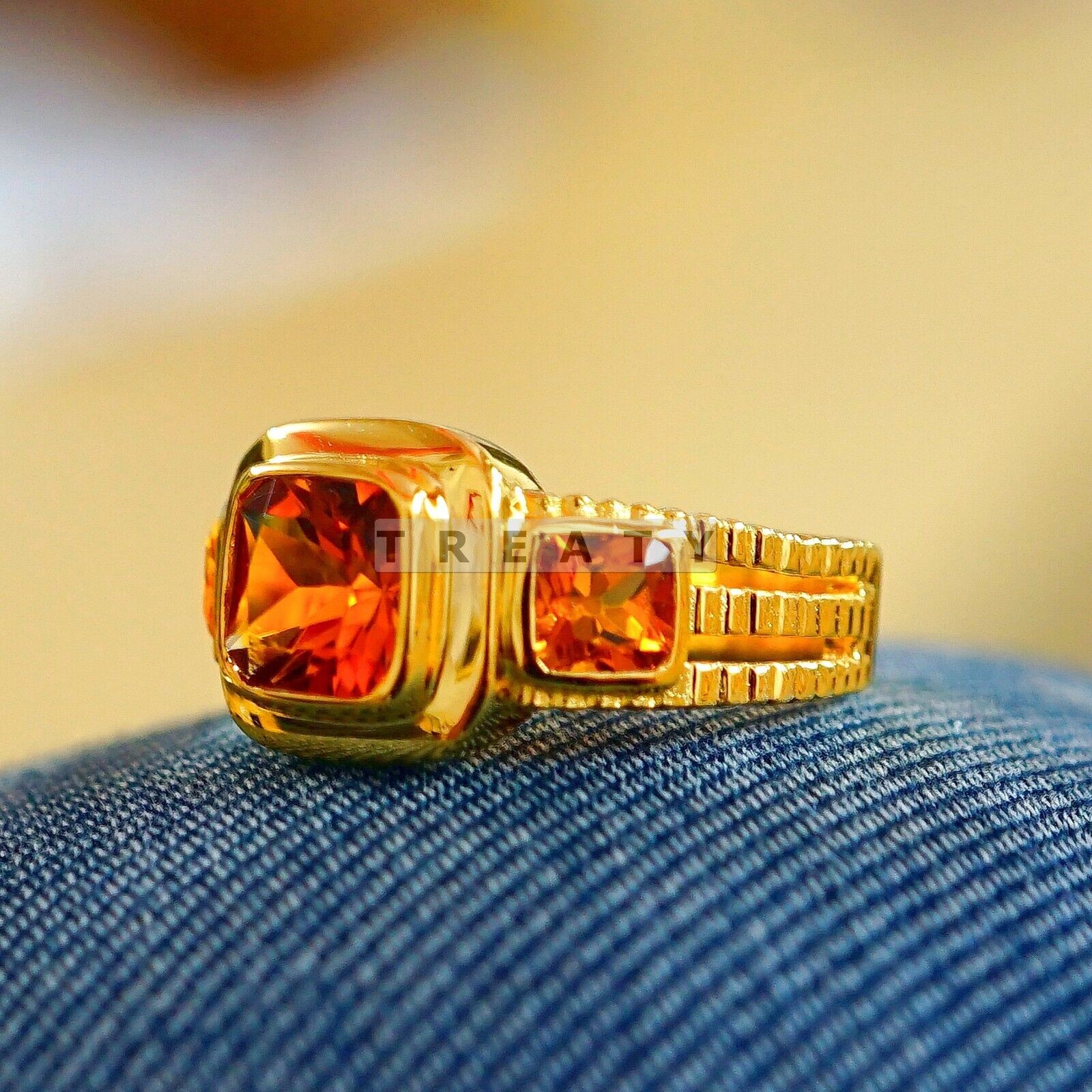 Citrine Cushion Cut With 925 Sterling Silver Gold Plated Ring For Men's #B795 #