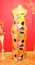 WOMEN PLUS SIZE YELLOW FLORAL BODYCON MIDI DRESS ( SIZE UK16 )