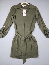 Michael Michael Kors Dress Womens XS Green Zip Shirt Belted Long Sleeve NWT