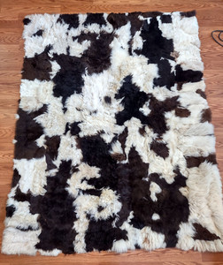 Vtg Large Peruvian Alpaca Fur Throw Rug Patchwork Brown Black Beige 69"x54" READ