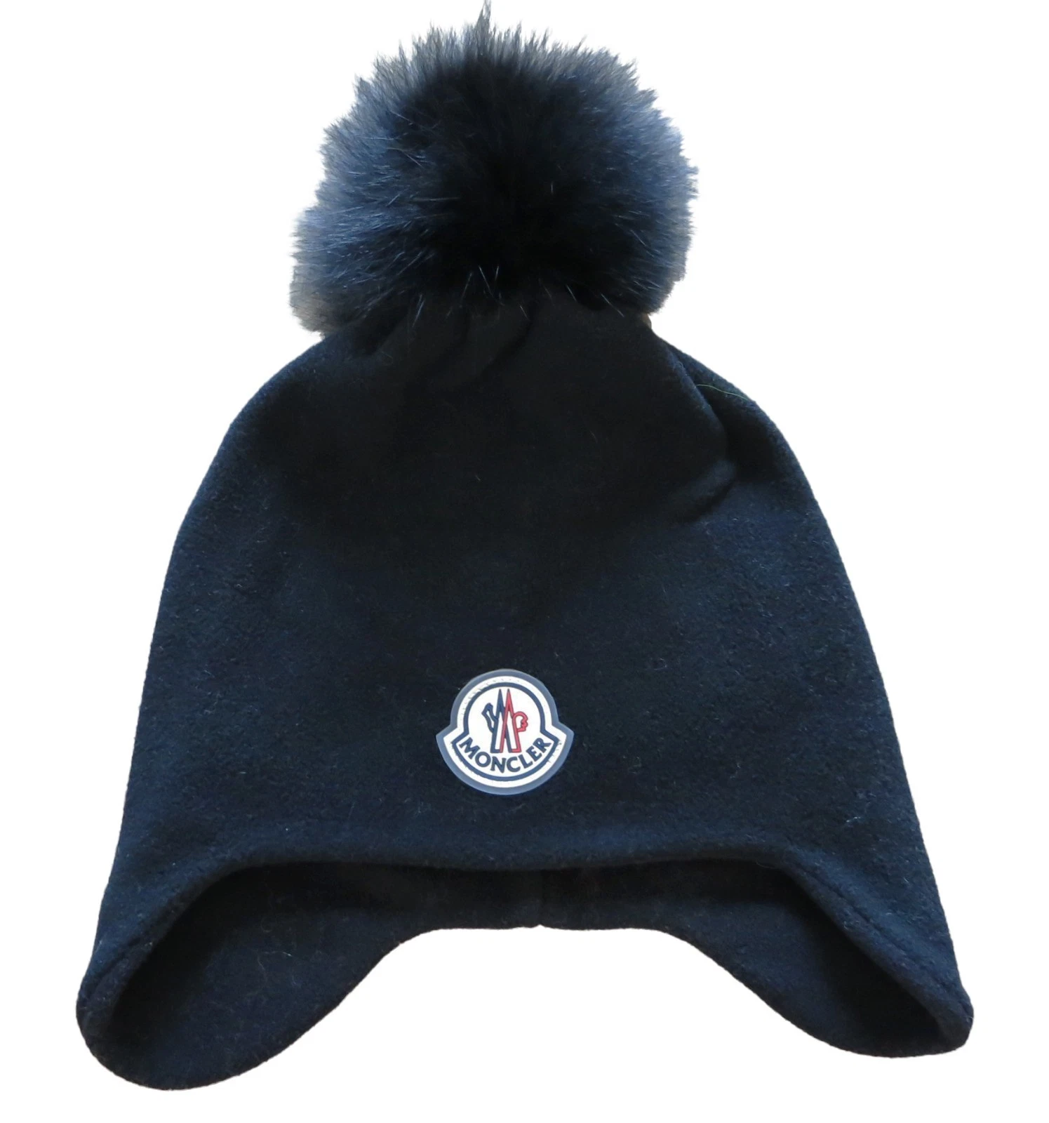 MONCLER Black Fleece Faux Fur Pom Pom Ski Winter Hat Beanie S