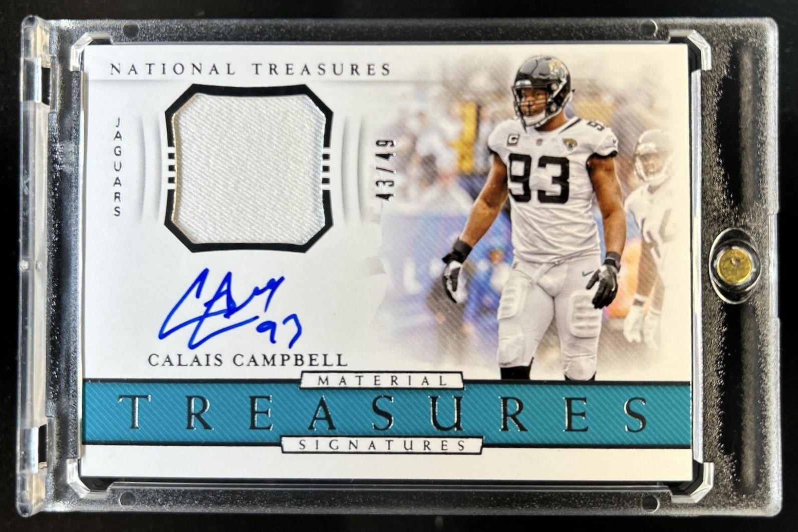 2018 Panini National Treasures Calais Campbell Material Jersey Auto #/49 Jaguars view 1