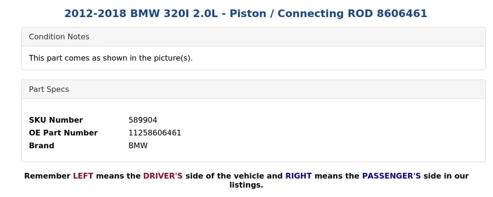BMW 320I 2012-2018 2,0 L - pistón/barra de conexión 8606461 Foto 3 de 4