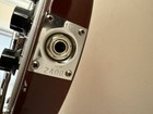 Silver 1981 Rickenbacker 480 flue-glowing guitar with gold hardware and engraved specifications on the back.