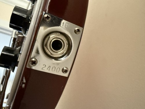 Silver 1981 Rickenbacker 480 flue-glowing guitar with gold hardware and engraved specifications on the back.