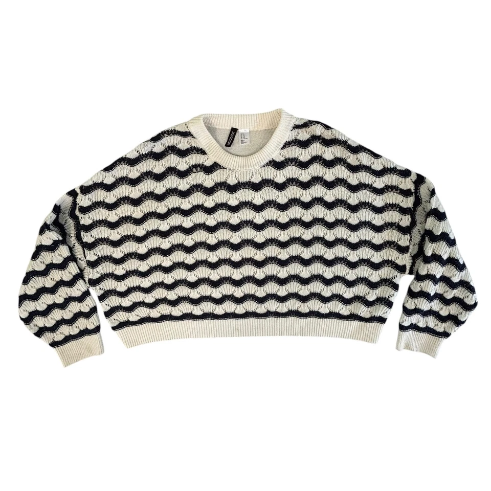 Suéter corto tejido onda geométrica H&M para mujer crema negro manga globo XL Foto 2 de 4
