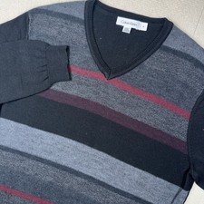 Calvin Klein Merino Wool Blend Sweater V-Neck Medium Striped Black Pullover