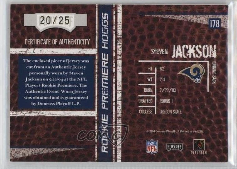 2004 Playoff Hogg Heaven Premiere Hoggs Wild /25 Steven Jackson #178 Rookie RC - Image 2 of 2