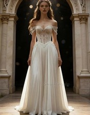 Medieval Wedding Dress Pleats A-Line Long Bridal Gowns Off-Shoulder Sweetheart