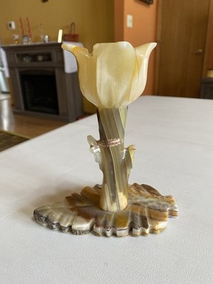 Vintage Hand Carved Marble/Onyx Tulip Flower and Leaf Candle Holder