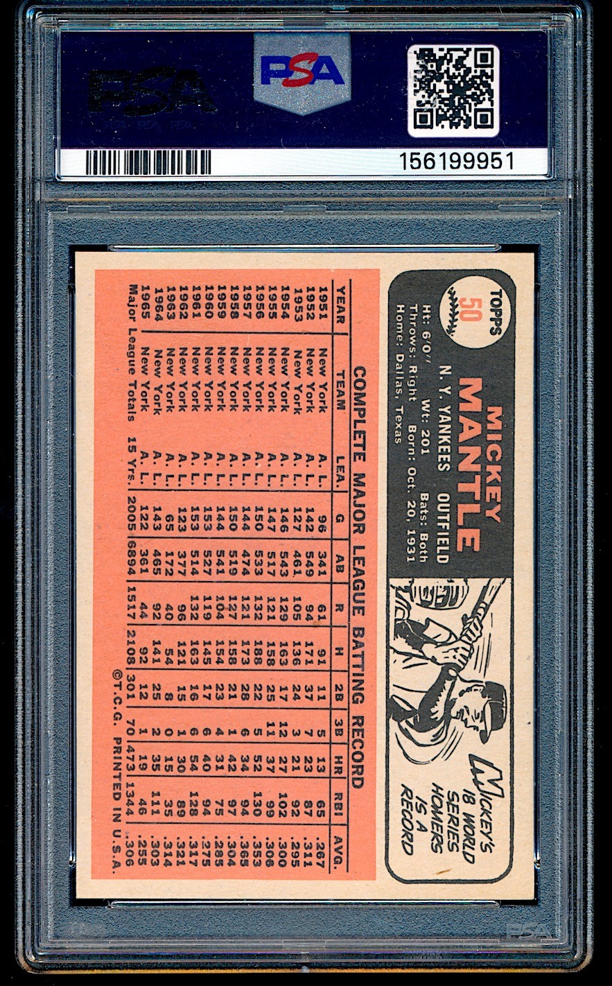 1966 Topps Mickey Mantle #50 PSA 5 ++ Centered, looks much better view 2