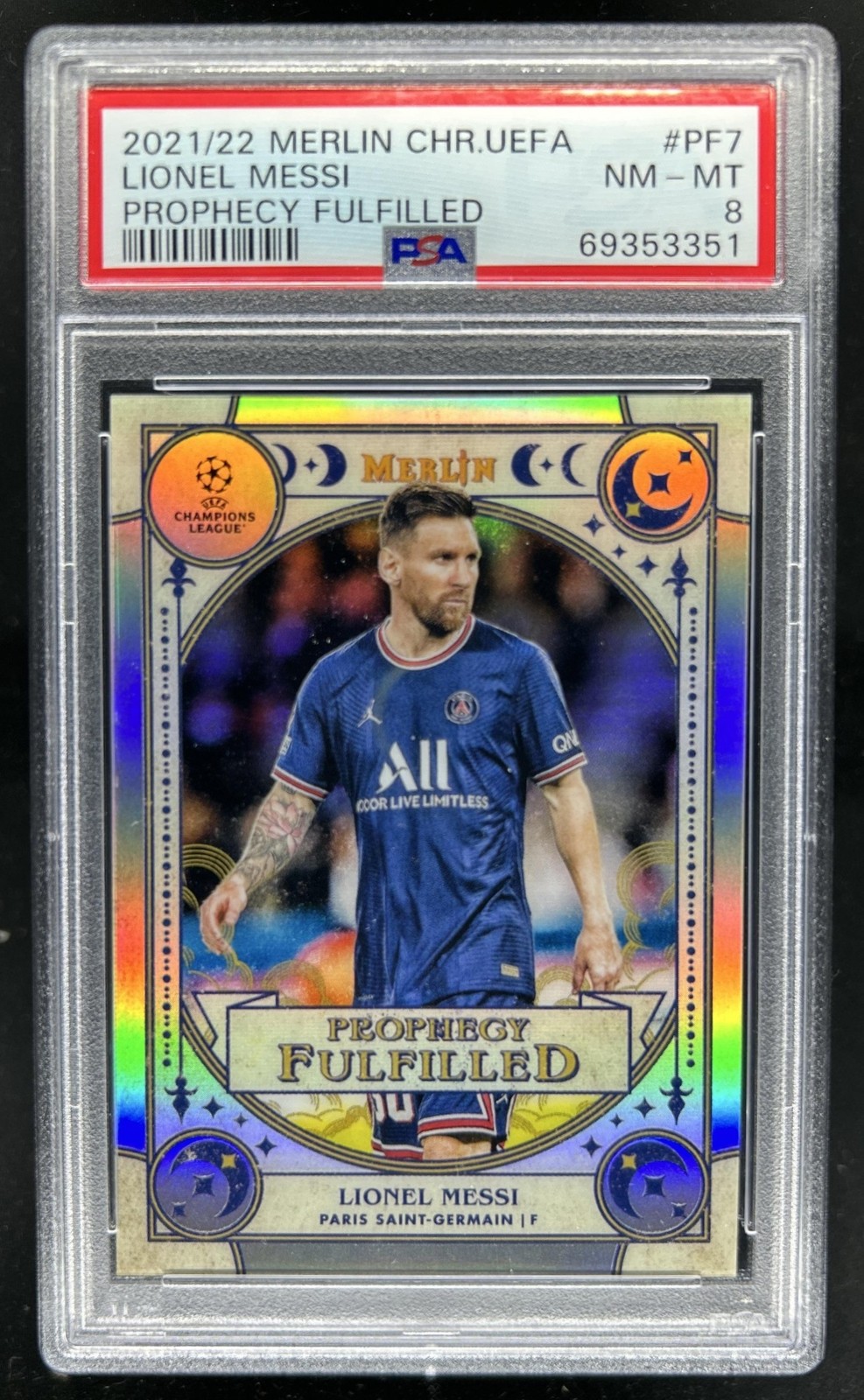 2021-22 Topps Merlin Chrome UEFA Lionel Messi Prophecy Fulfilled #PF-7 PSG PSA 8