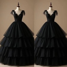 Black Gothic Wedding Dresses V Neck Sleeveless Ruffles Full Length Bridal Gowns