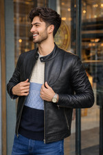 Quality Touch Herren Lederjacke aus Echtleder - Slim Fit Bikerjacke