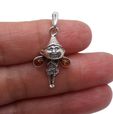 925 Sterling Silber und echter baltischer Bernstein Pixie Elfe Anhänger Charm Neu
