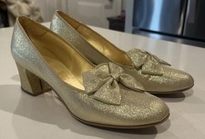 VTG 60s Metallic Gold Sparkly Bow Hostess Block Heel Pumps Daniel Green Size 6.5