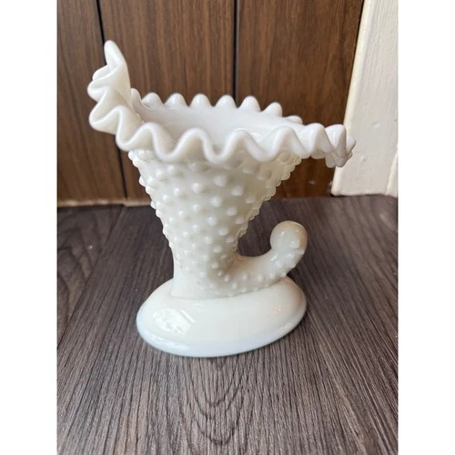 Vintage White Hobnail Fenton Art Glass Trumpet Vase Ruffled Top