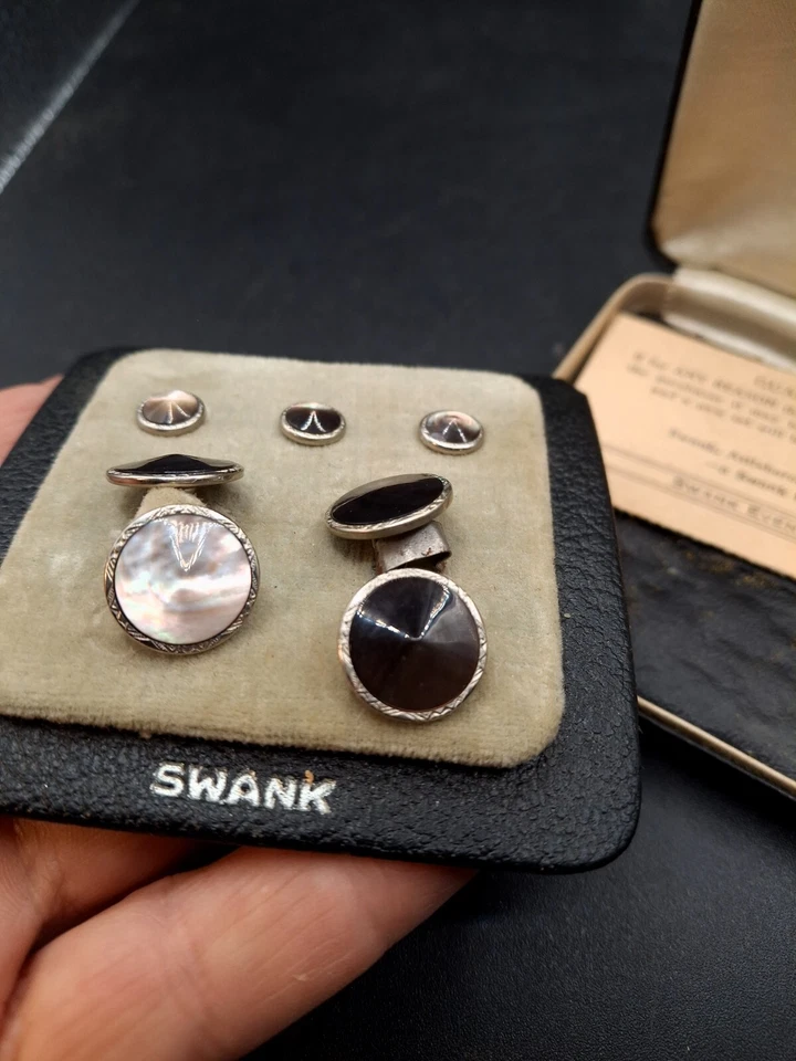 Swank Antiguo Juego de Gemelos 4 Piezas Madreperla Abulón Noche Caja Original Foto 3 de 4