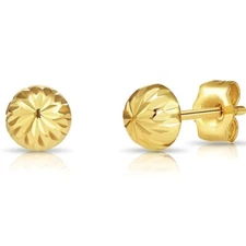 14K Real Solid Gold Diamond-Cut Half Ball Bead Sleeper Studs Earrings Push-back