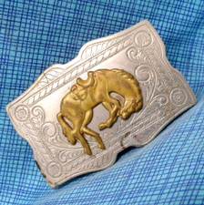 Western Horse Dress Belt Buckle Cowboy Nickel Silver Vtg 60s Chambers  .TAZ374