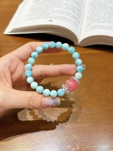 Natural Blue Larimar with rhodochrosite Round Beads Bracelet 10mm AAAA - Picture 2 of 7