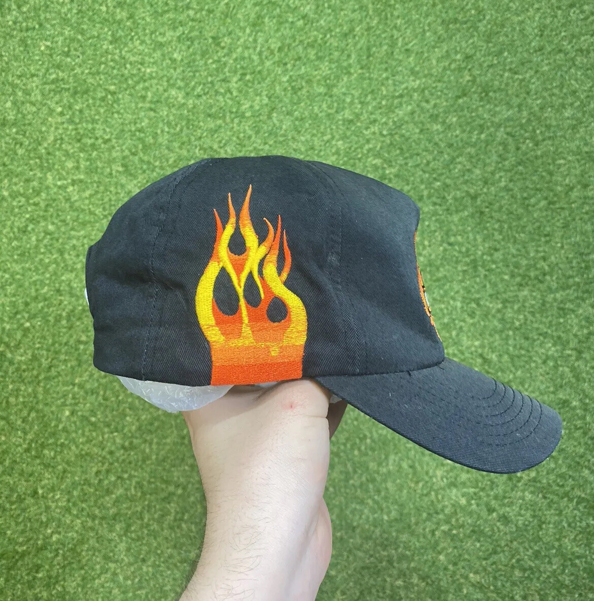 帽子 90s 00s vintage harleydavidson flame cap Harley Davidson Mens Snap Back Hat Flame AOP 90s Vintage Cap