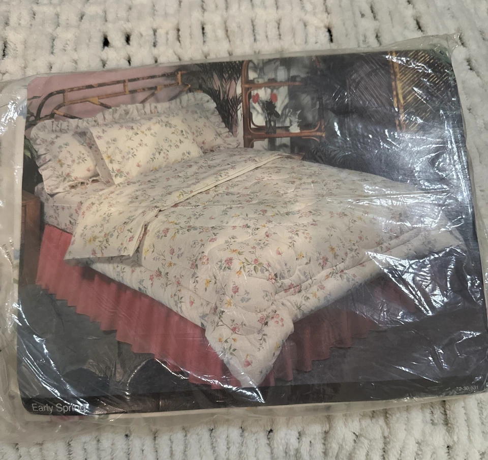 复古 JC Penney 全床单早春蓝色粉红色破旧花卉 NOS  — 第 4/4 张图片