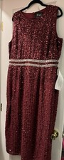 Mac Duggal Burgundy Sequin Beaded Midi Sheath Dress Gown Sz 14 NWT 10509