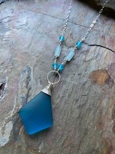 Blue Cultured Sea Glass Sterling Silver Necklace - Handmade