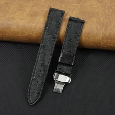 18mm Black Flat Genuine Ostrich Leather Watch Strap Silver Deployment Buckle Men