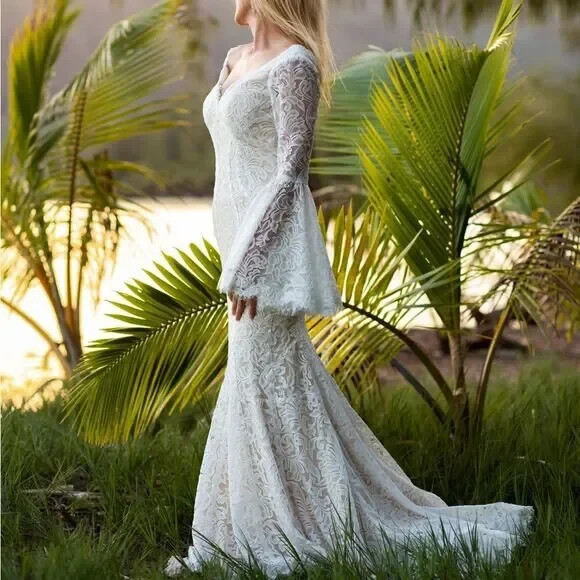 blue dress for baby girl Sparkly Botanic Lace Bell Sleeve Mermaid Boho Wedding Dress Light Ivory / Dress + Sleeves