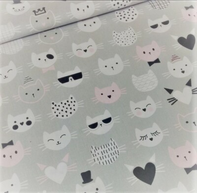 Tissu Tete De Chat Coton 100 Popeline Fond Gris Ebay