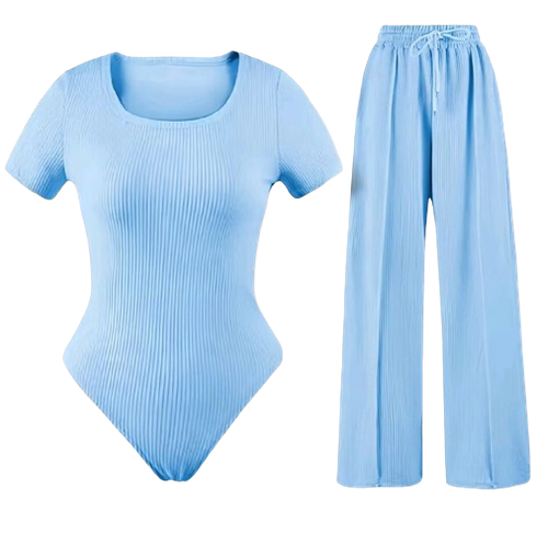 Women's Bodysuit & Wide Leg Trousers Set Fitness 2piece Palazzo Co-ord Tracksuit - Picture 5 of 7