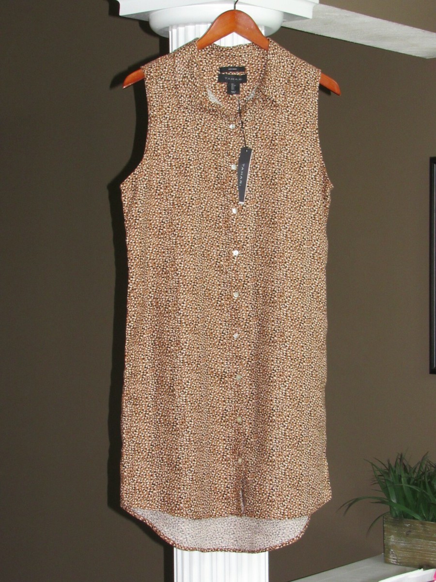 TAHARI Black White Brown Print 100% Linen Button Down Sleeveless Dress Sz M  NWT