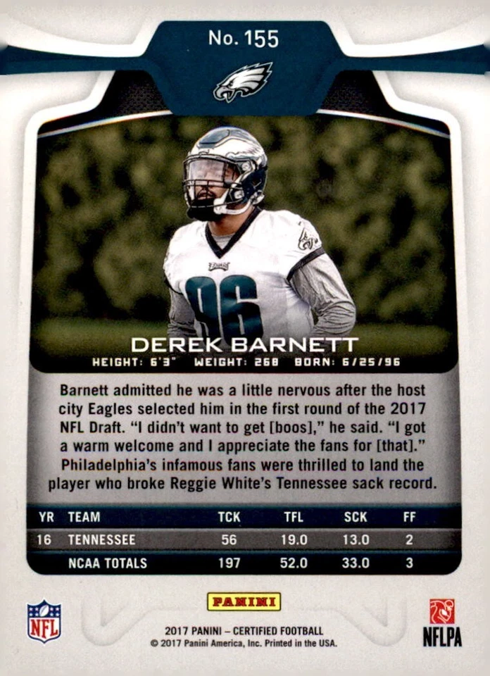 2017 Panini Certified Derek Barnett RC #155 Eagles /999 BX3 - Image 2 of 2
