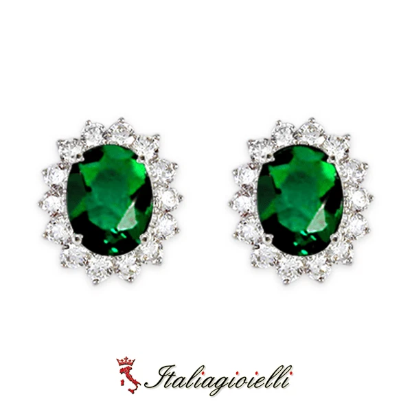 Sfarzosi Orecchini Brillanti con Smeraldi in Argento 925 Rodiato Oro Bianco - Immagine 3 di 4