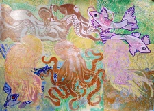 LARGE ORIGINAL ART COLORFUL SEALIFE PAINTING OCTOPI JELLYFISH USA BY SUE FURROW