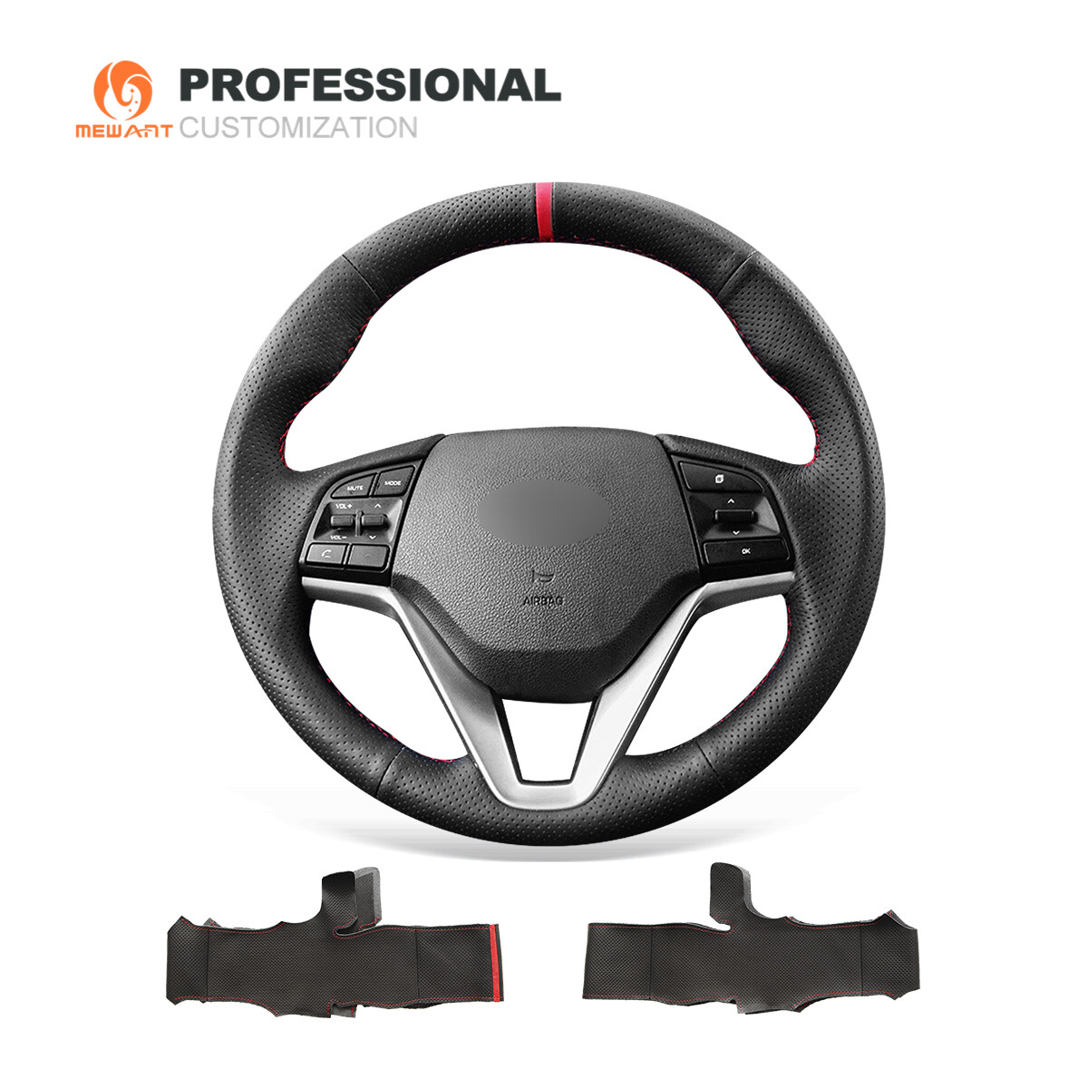 Black Genuine Leather Car Steering Wheel Cover for Hyundai Tucson 2015-2020