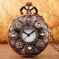 Vintage Style Flower Petal Shape Men Women Quartz Analog Pocket Watch Chain