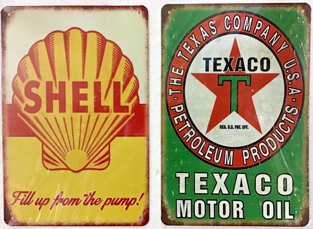 TWO 8x12 TIN SIGNS Shell Texaco motor oil gas station Americana