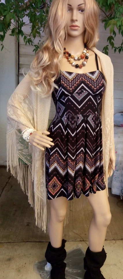 Boho Summer Party Beach Mini Dress Tunic Small Medium Black White Orange SUD7 - Image 2 of 4