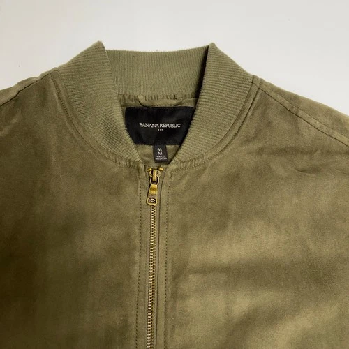 Banana Republic Men’s M Bomber Jacket Faux Vegan Suede Full Zip Pockets Green image 14