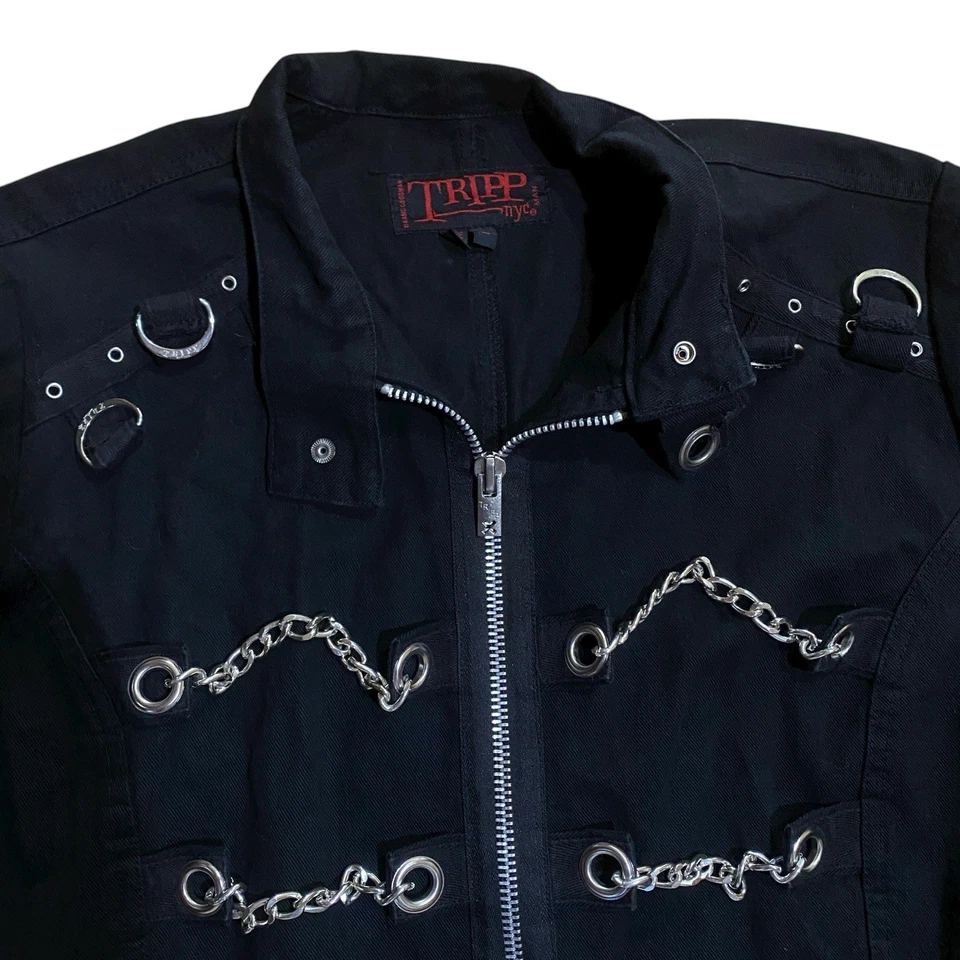 VTG Tripp NYC Black Trench Coat Chains Goth Punk Rave Military Modified RAW HEM - Image 2 of 4