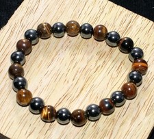 Beaded Round Tiger Eye Black Obsidian 925 Silver Plated Bracelet FreeSize GW