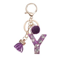 Initial Letter Keychain, Cute Alphabet Letter-Y Charm with Tassel Ball, Purple