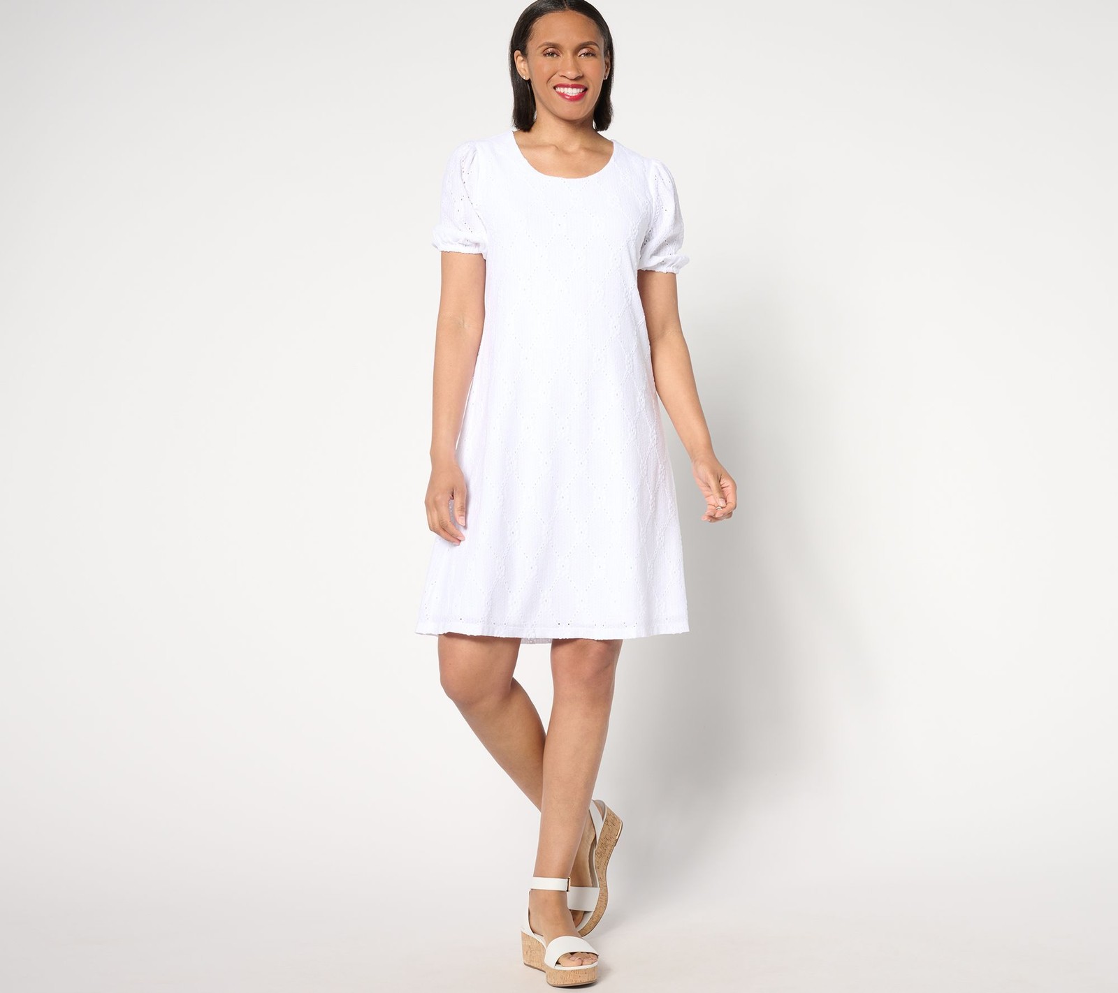 Susan Graver Women's Plus Sz Dress 3X Reg Knit Eyelet Elbow Sleeve White A647472