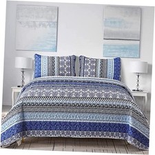Boho Quilt Set Size Bohemian 3 Pieces Quilt Sets, Lightweight Queen Blue